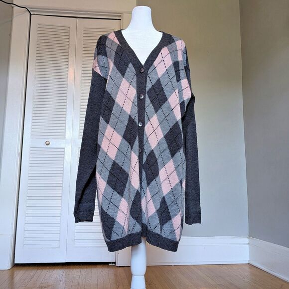 Vintage Argyle Cardigan 90s Elisabeth Gray Knit Longline Dark Academia Size 1X - Picture 1 of 9